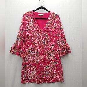 Women's WAYF Pink Floral  V-Neck Bell Sleeves Lined Career Dress Sz Med.